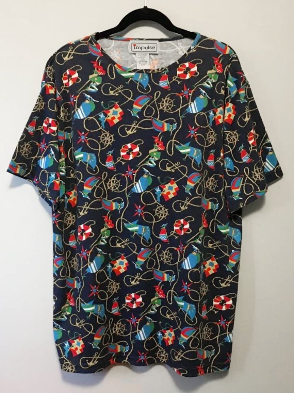 VTG 90s Black Nautical Regatta Print Top L Retro